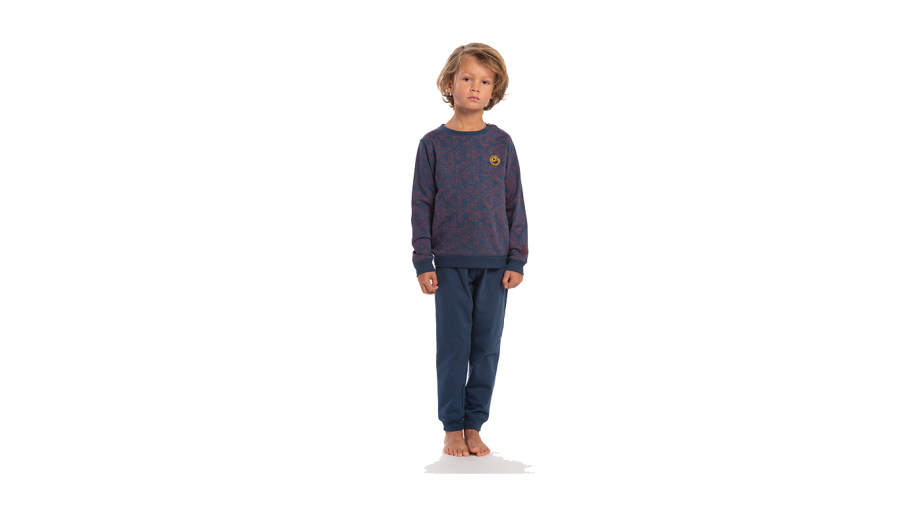 De bijzonder comfortabele pyjama Petrus van Eskimo met fleece voering voor heerlijk warme dromen.  Ideaal om in te slapen of als homewear.  Zowel de enkels als de polsen hebben een elastische effen marine boord.  De trui is in marine met een bordeaux prin