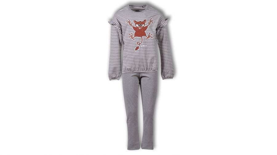 Woody Dames Pyjama Gebroken Wit - Grijs Melange Gestreept