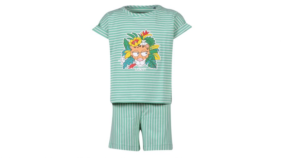Meisjes pyjama jadegroen-wit gestreept panter
