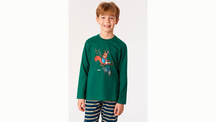 Woody unisex Pyjama van soepel, rekbaar jersey katoen. De T-shirt met lange mouwen en ronde hals heeft een grote print vooraan van de Woody eekhoorn op de fiets, en achteraan een tekst. De broek heeft iets bredere streepjes in donkerblauw, en fijnere str