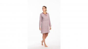 Het SANNA slaapkleed van Eskimo voor dames is elegant en vrouwelijk, in een zachte en soepele katoen jersey.  Het slaapkleedje heeft lange mouwen, ronde hals.  Het is volledig bedrukt met ecru en bordeaux fijne streepjes en heeft een bedrukking Dreamy op 